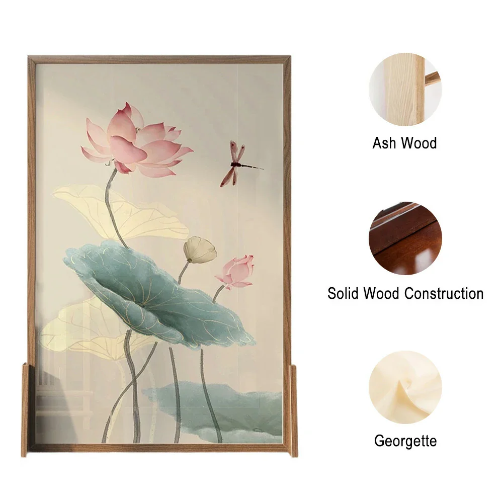 LIVARA Oriental Style Solid Wood Room Divider, Lotus Flower & Dragonfly Design, Ash Wood & Mongolian Pine Frame, Elegant Home Decor - Image 5