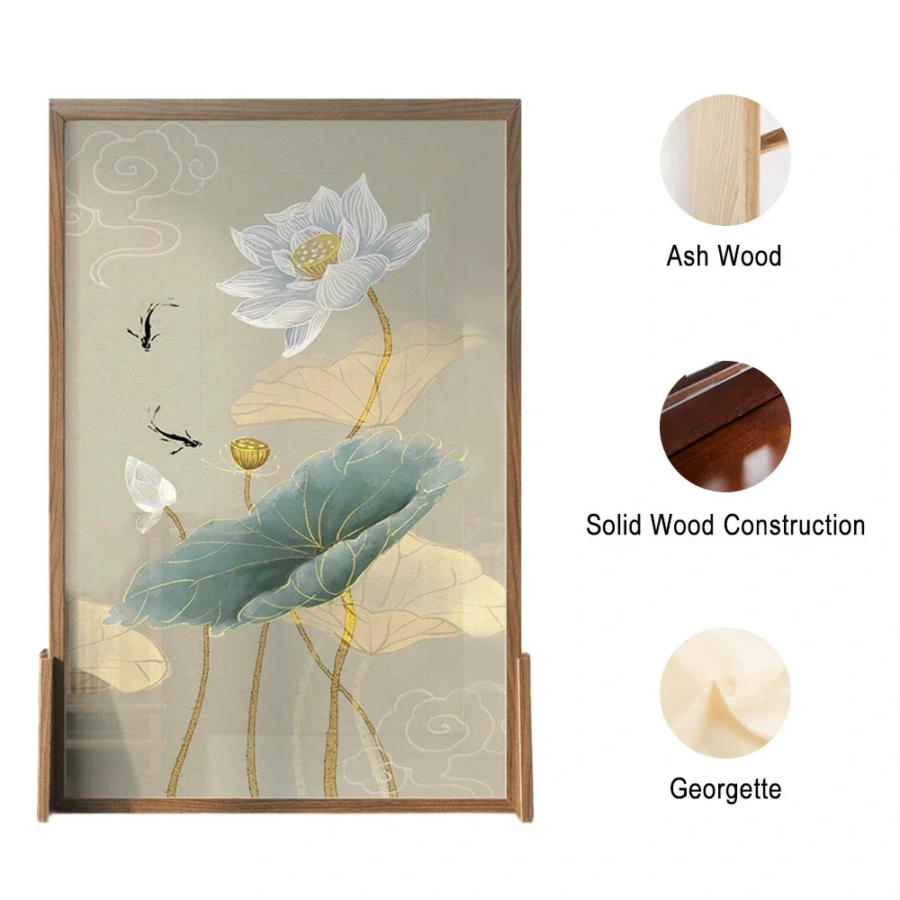 LIVARA Oriental Style Solid Wood Room Divider, Lotus & Fish Design, No Cutout, Ash Wood & Mongolian Pine Frame - Image 5
