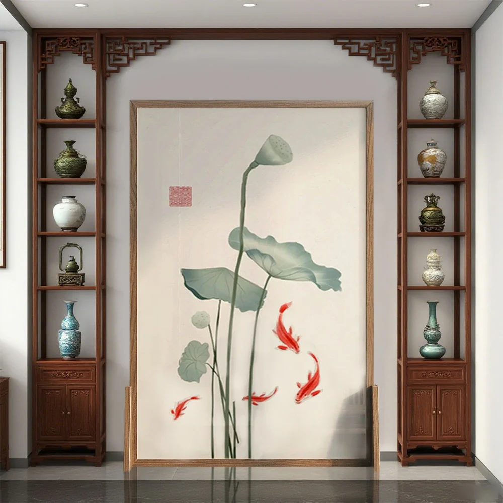 LIVARA Oriental Style Solid Wood Room Divider, Lotus Leaf & Carp Design, No Cutout, Ash Wood & Mongolian Pine Frame - Image 4
