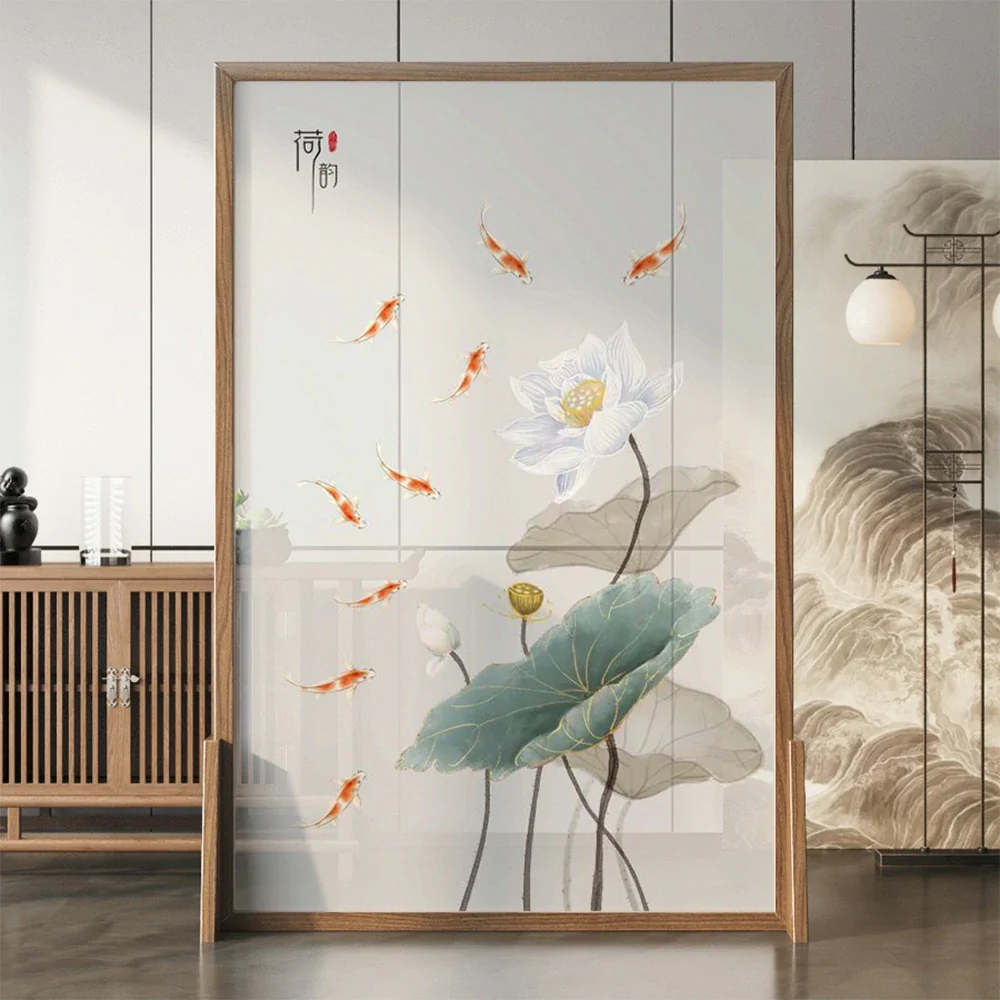 LIVARA Oriental Style Solid Wood Room Divider, Lotus & Carp Design, Ash Wood & Mongolian Pine Frame - Image 2