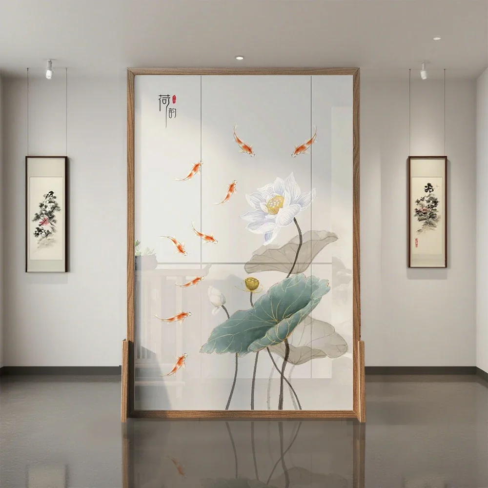 LIVARA Oriental Style Solid Wood Room Divider, Lotus & Carp Design, Ash Wood & Mongolian Pine Frame - Image 4
