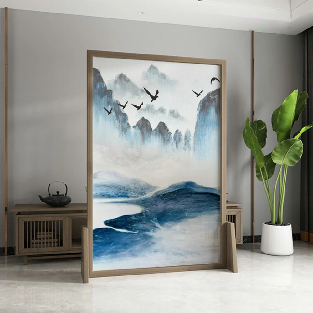 LIVARA Blue landscape Pattern Screen Made Of Solid Wood White Wax Wood And Mongolian Pine With An Eastern Style Home Decoration - Image 2