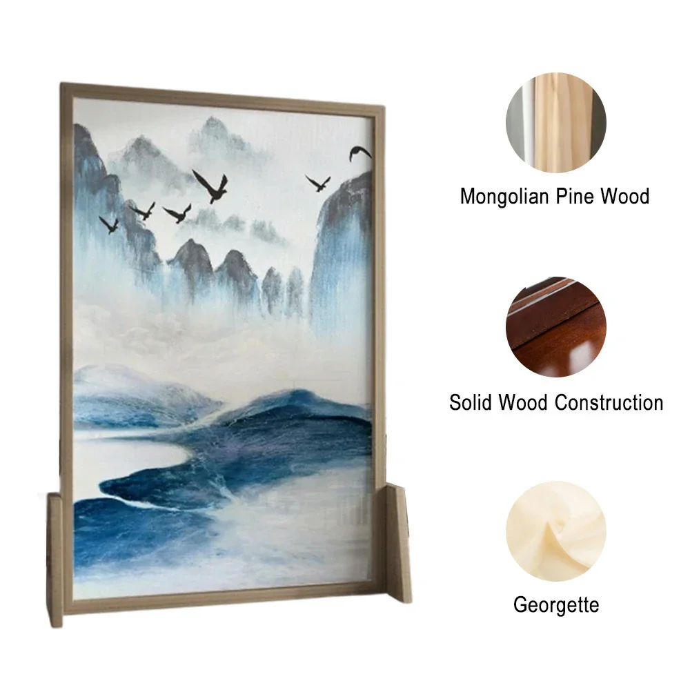 LIVARA Blue landscape Pattern Screen Made Of Solid Wood White Wax Wood And Mongolian Pine With An Eastern Style Home Decoration - Image 4