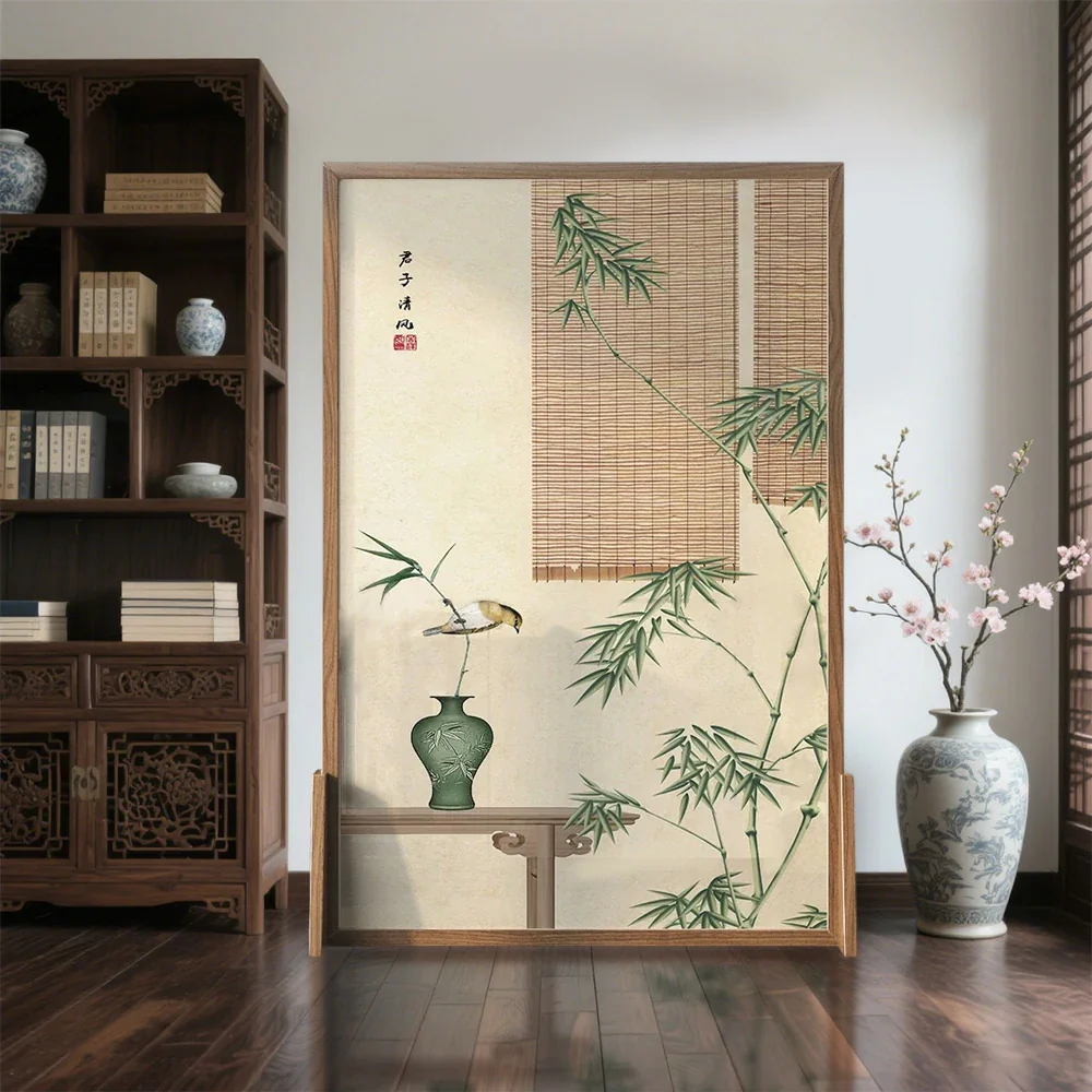 LIVARA Green plants Pattern Screen Made Of Solid Wood White Wax Wood And Mongolian Pine With An Eastern Style Home Decoration - Image 4