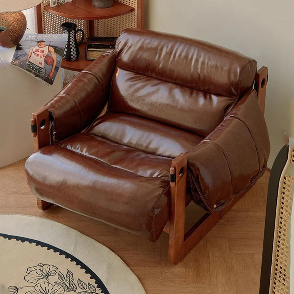 LIVARA EC1223 Oil Wax Leather White Wax Wood Fixed Legs Leisure Chair / Single Sofa - Image 2