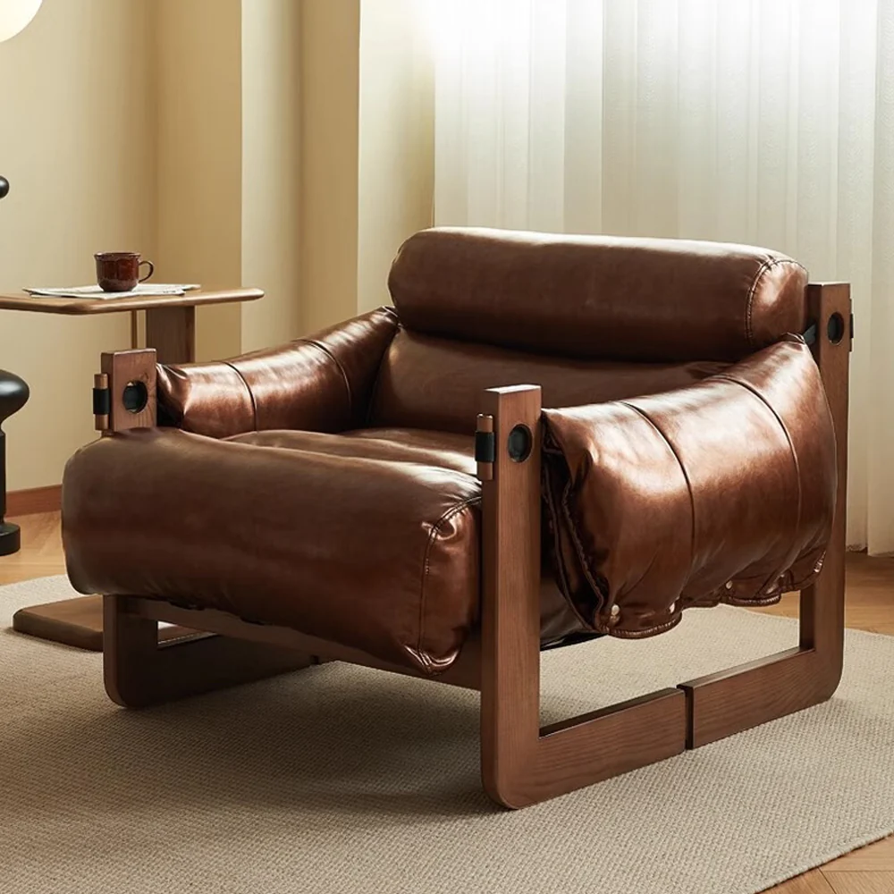 LIVARA EC1223 Oil Wax Leather White Wax Wood Fixed Legs Leisure Chair / Single Sofa - Image 3