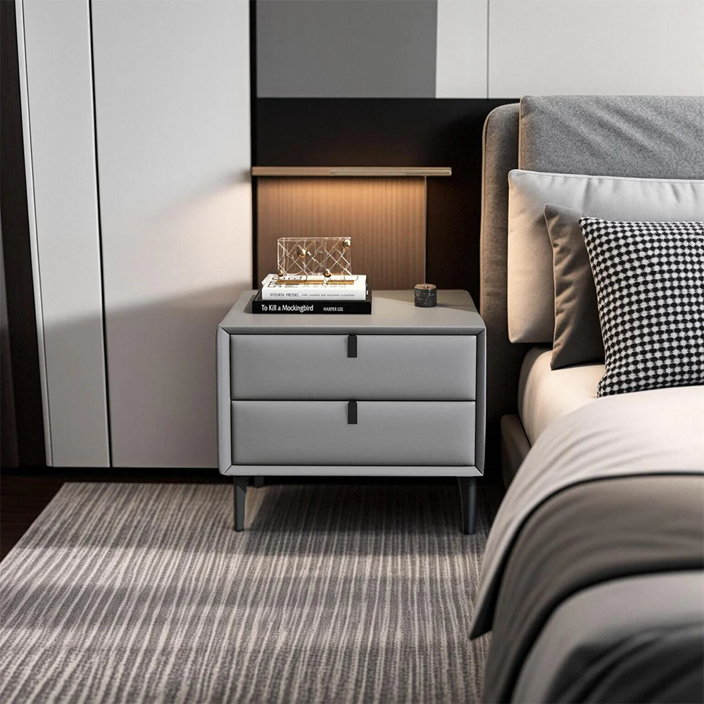 LIVARA NT1025 Modern Style Faux Leather-Wrapped MDF Bedside Table Small Side Cabinet - Grey - Image 4