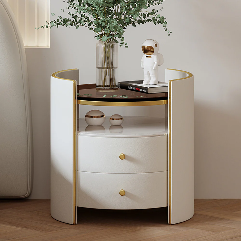 LIVARA NT1058 Faux Leather Finish Tempered Glass Solid Wood Drawers-Plywood Bedside Table - Image 3