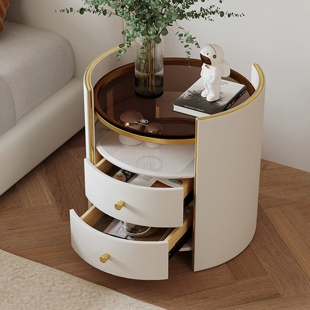 LIVARA NT1058 Faux Leather Finish Tempered Glass Solid Wood Drawers-Plywood Bedside Table - Image 4