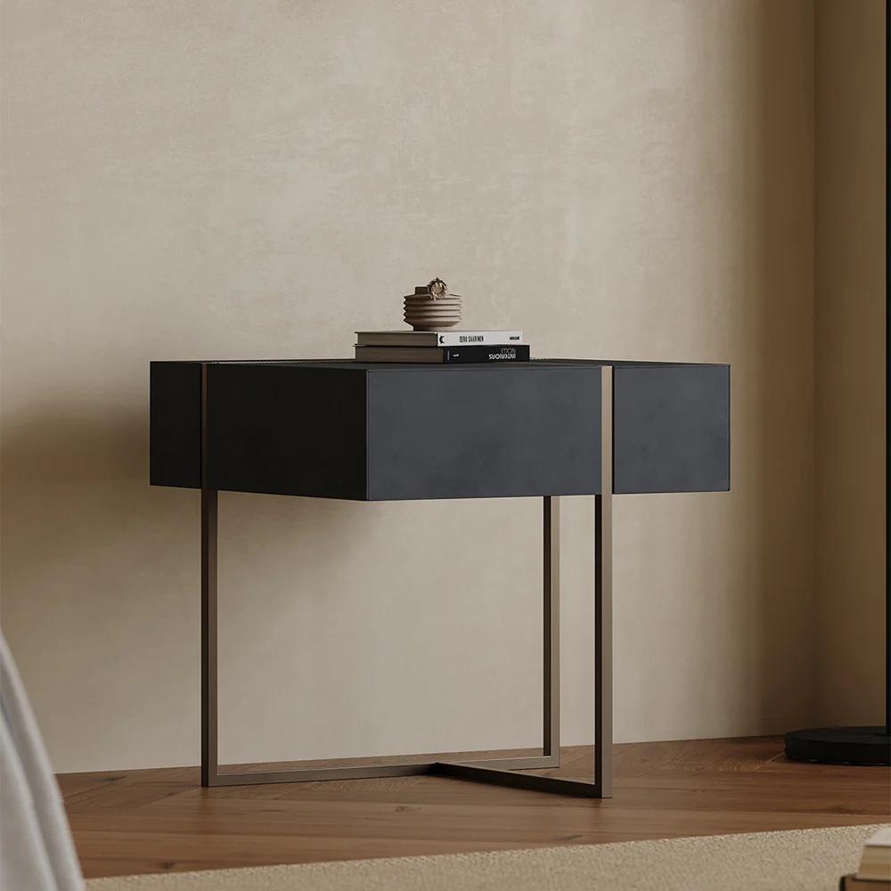 LIVARA NT1059 Faux Leather Finish Tempered Glass Solid Wood Drawers - Plywood Bedside Table - Image 2