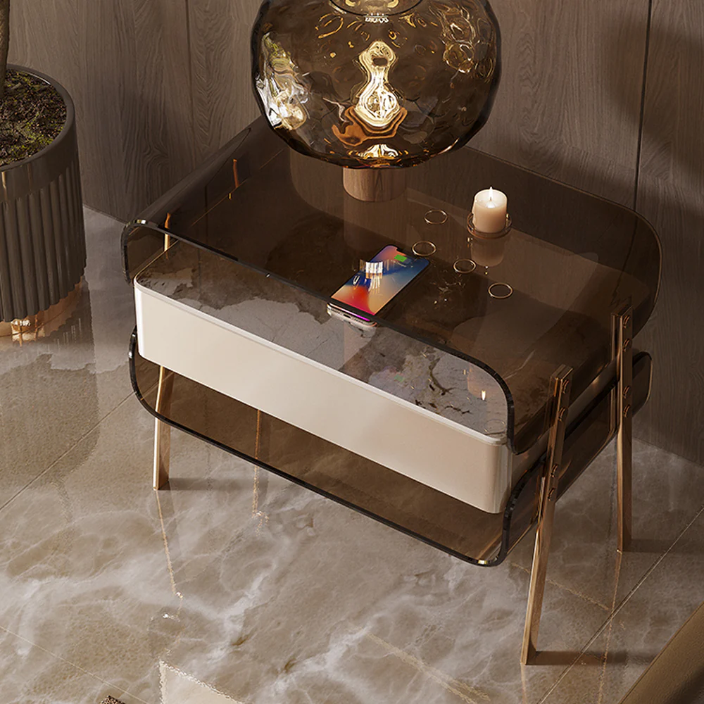 LIVARA NT1065 Tempered Glass Metal Hardware High-Leg Design Solid Wood - Bedside Table - Image 4