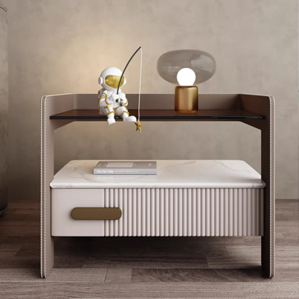 LIVARA NT1067 Plywood Sintered Stone Top Solid Wood Drawers High-Leg Design - Bedside Table - Image 3