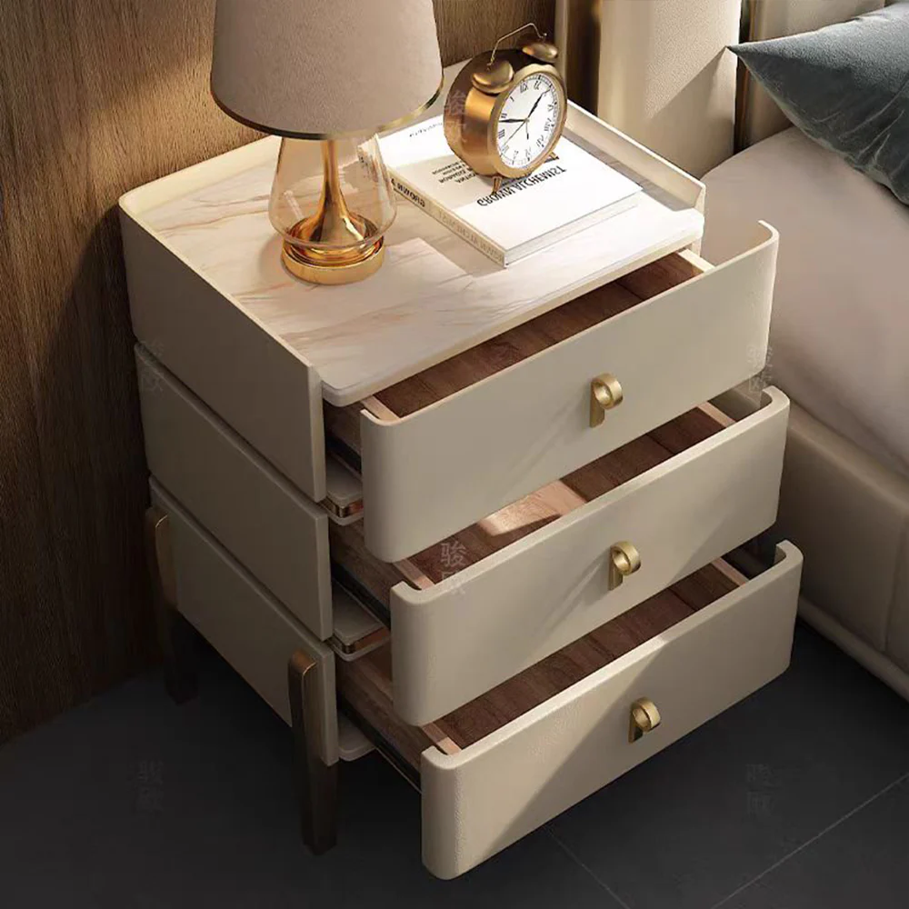 LIVARA-NT1072 Solid Wood Sintered Stone Top Leather Upholstered High Legs - Bedside Table - Image 2