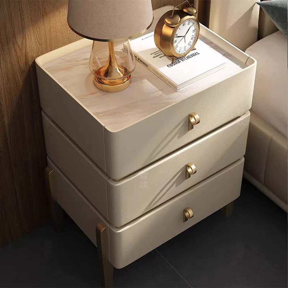 LIVARA-NT1072 Solid Wood Sintered Stone Top Leather Upholstered High Legs - Bedside Table - Image 3