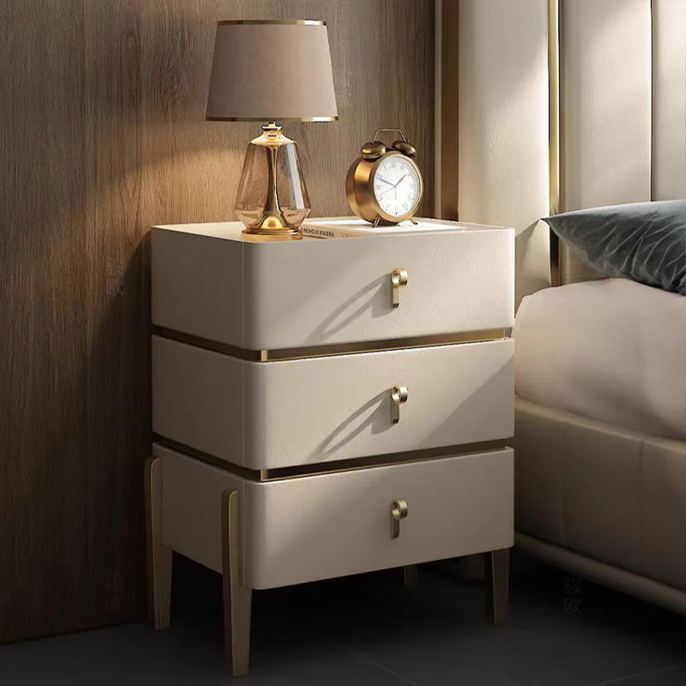 LIVARA-NT1072 Solid Wood Sintered Stone Top Leather Upholstered High Legs - Bedside Table - Image 4
