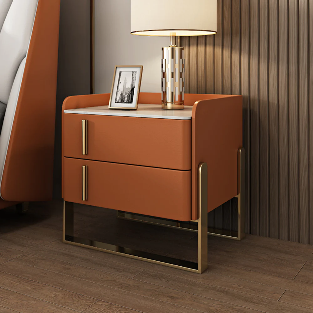 LIVARA NT1074 Modern Style Solid Wood Bedside Table with Sintered Stone Top - Orange - Image 2