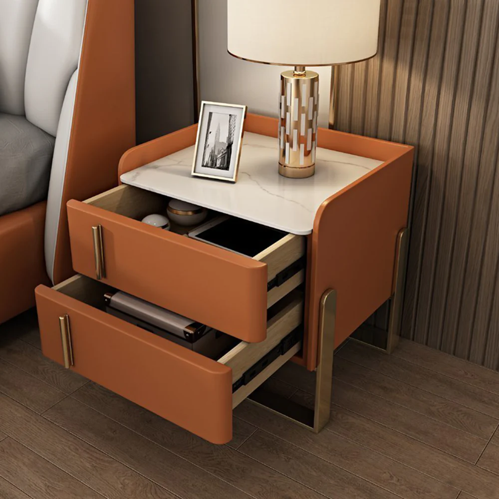 LIVARA NT1074 Modern Style Solid Wood Bedside Table with Sintered Stone Top - Orange - Image 3