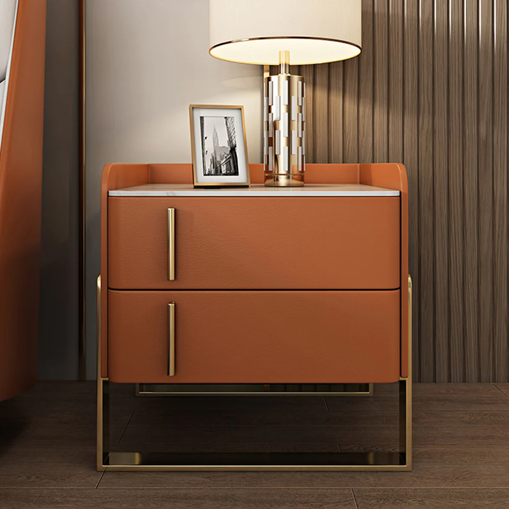 LIVARA NT1074 Modern Style Solid Wood Bedside Table with Sintered Stone Top - Orange - Image 4