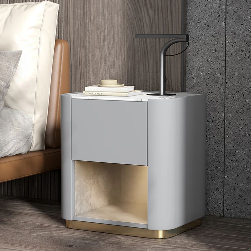 LIVARA NT1075 Solid Wood Sintered Stone Top Leather Upholstered Metal Legs - Bedside Table - Image 2