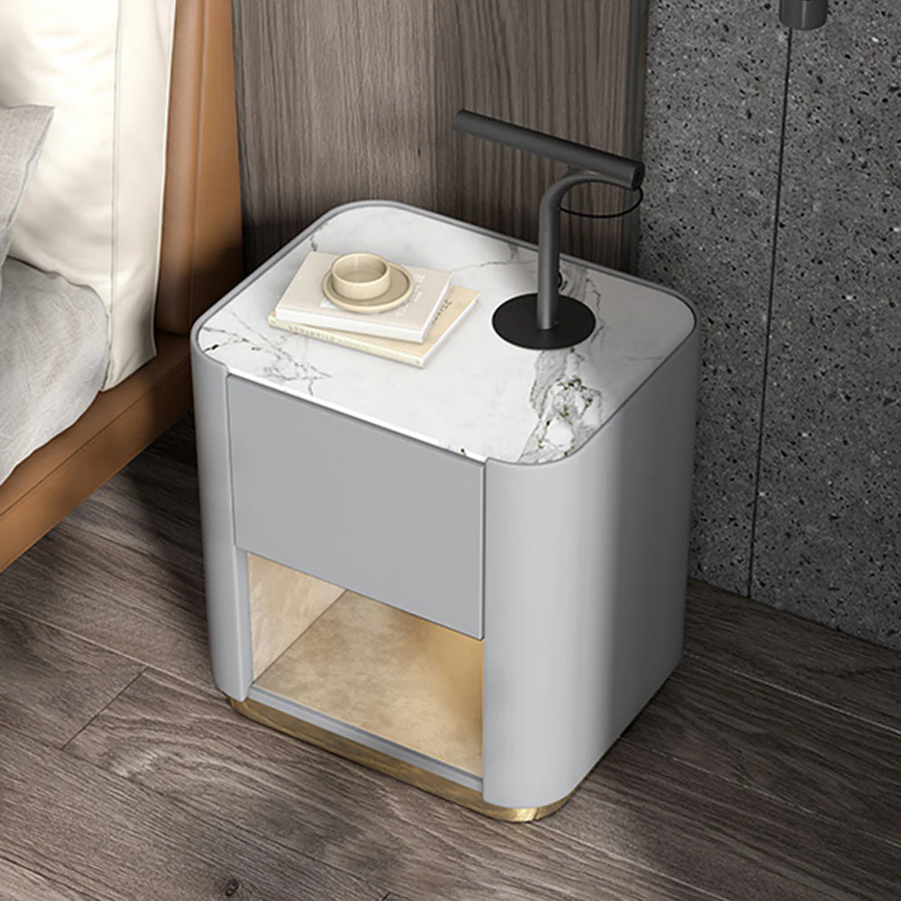 LIVARA NT1075 Solid Wood Sintered Stone Top Leather Upholstered Metal Legs - Bedside Table - Image 3