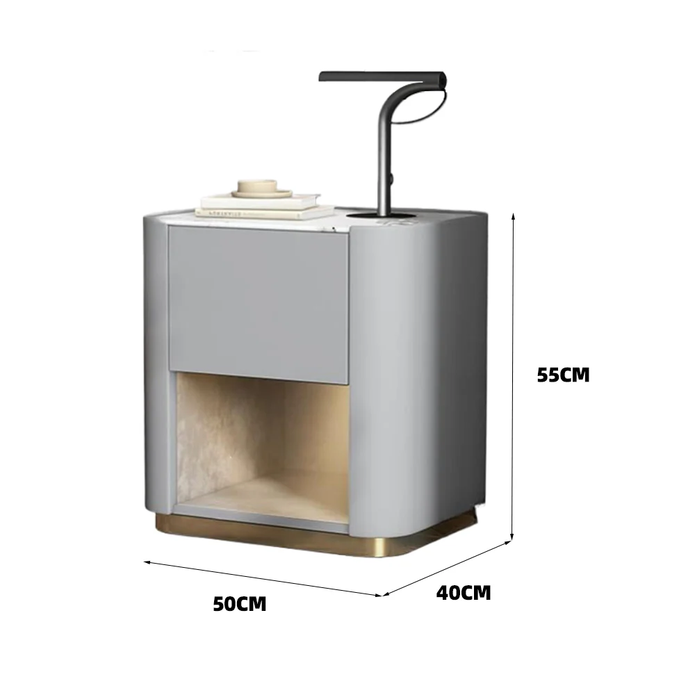 LIVARA NT1075 Solid Wood Sintered Stone Top Leather Upholstered Metal Legs - Bedside Table - Image 4