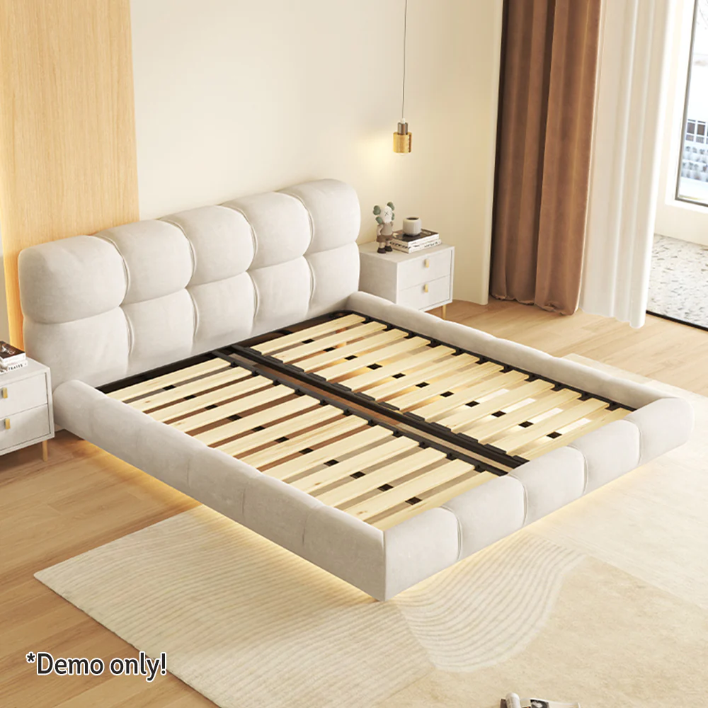 LIVARA SM1018 150/180cm Matte Fabric Sensor Light Bed With Two Bedside Tables - Beige - Image 4