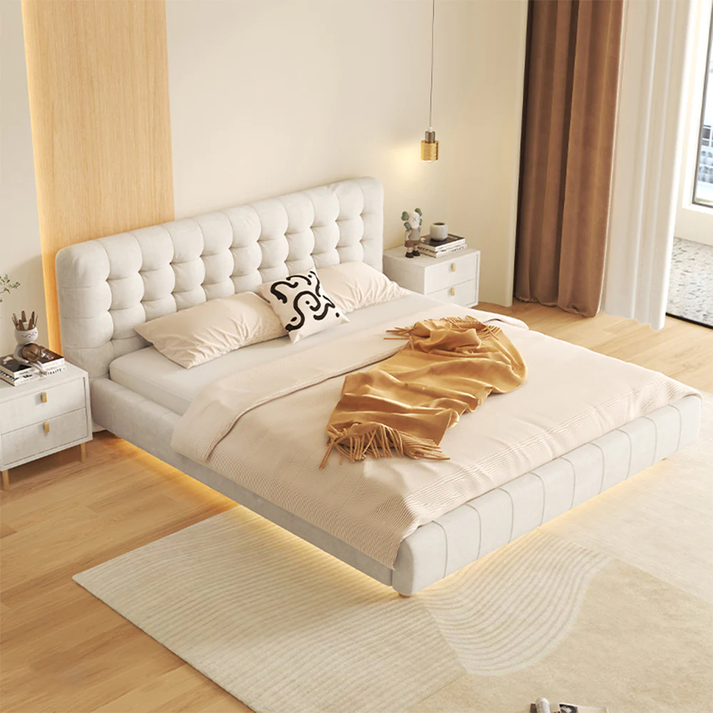 LIVARA SM1019 150/180cm Matte Fabric Sensor Light Bed With Two Bedside Tables - Beige - Image 2