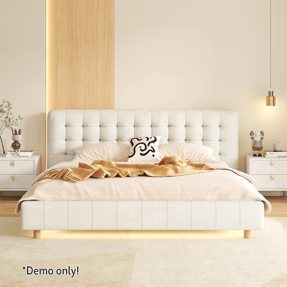 LIVARA SM1019 150/180cm Matte Fabric Sensor Light Bed With Two Bedside Tables - Beige - Image 3