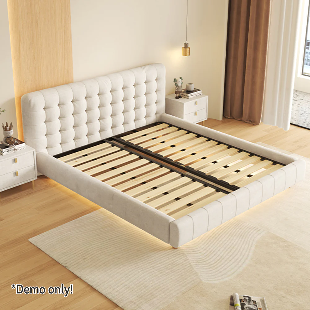 LIVARA SM1019 150/180cm Matte Fabric Sensor Light Bed With Two Bedside Tables - Beige - Image 4