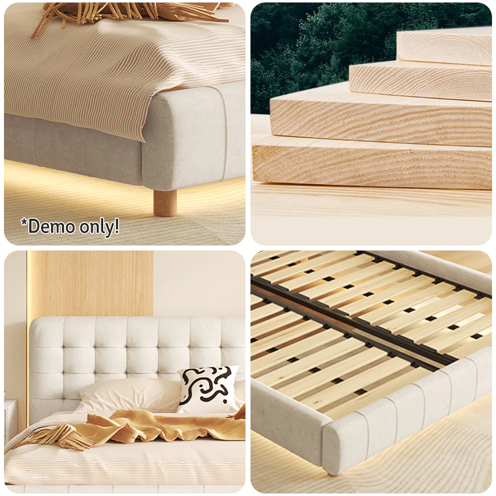 LIVARA SM1019 150/180cm Matte Fabric Sensor Light Bed With Two Bedside Tables - Beige - Image 7