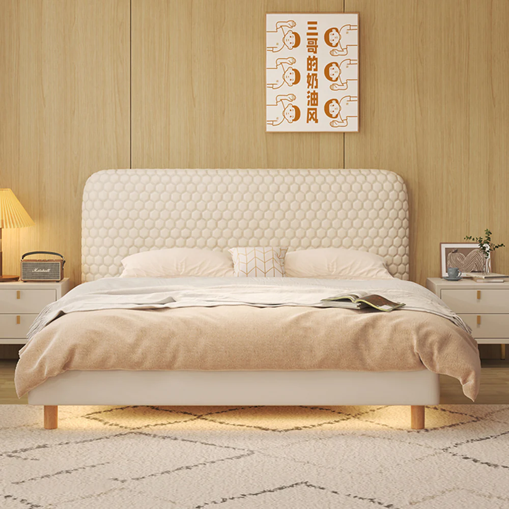 LIVARA SM1028 150/180cm Silicone Leather Fabric Bed With Two Bedside Tables - Beige - Image 2
