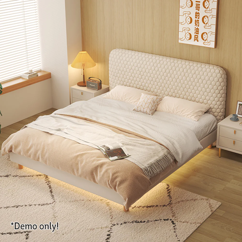 LIVARA SM1028 150/180cm Silicone Leather Fabric Bed With Two Bedside Tables - Beige - Image 3