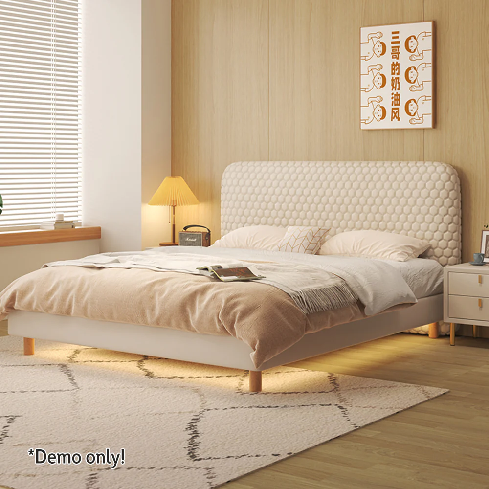 LIVARA SM1028 150/180cm Silicone Leather Fabric Bed With Two Bedside Tables - Beige - Image 4