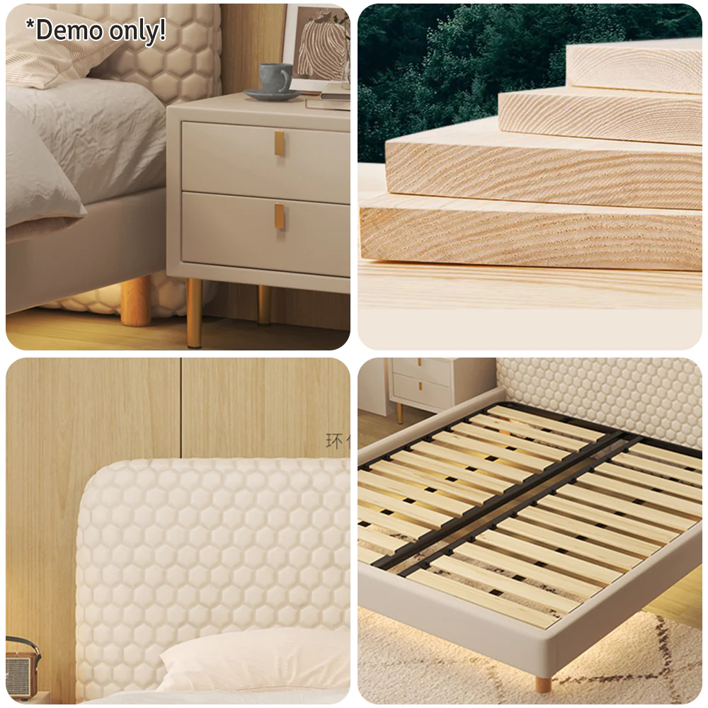 LIVARA SM1028 150/180cm Silicone Leather Fabric Bed With Two Bedside Tables - Beige - Image 7