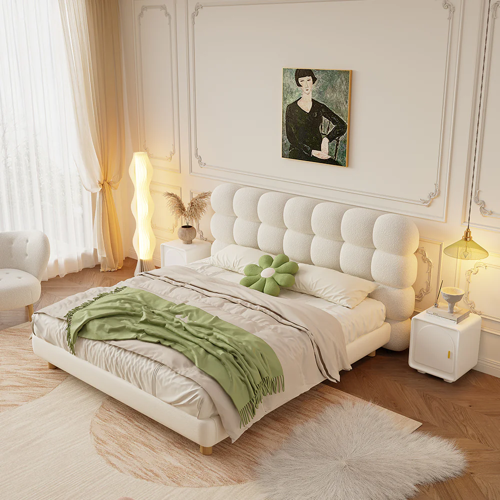LIVARA Lazy Style 1031 Solid Wood Frame 150-180cm Double Bed With Bedside Tables - Beige - Image 2