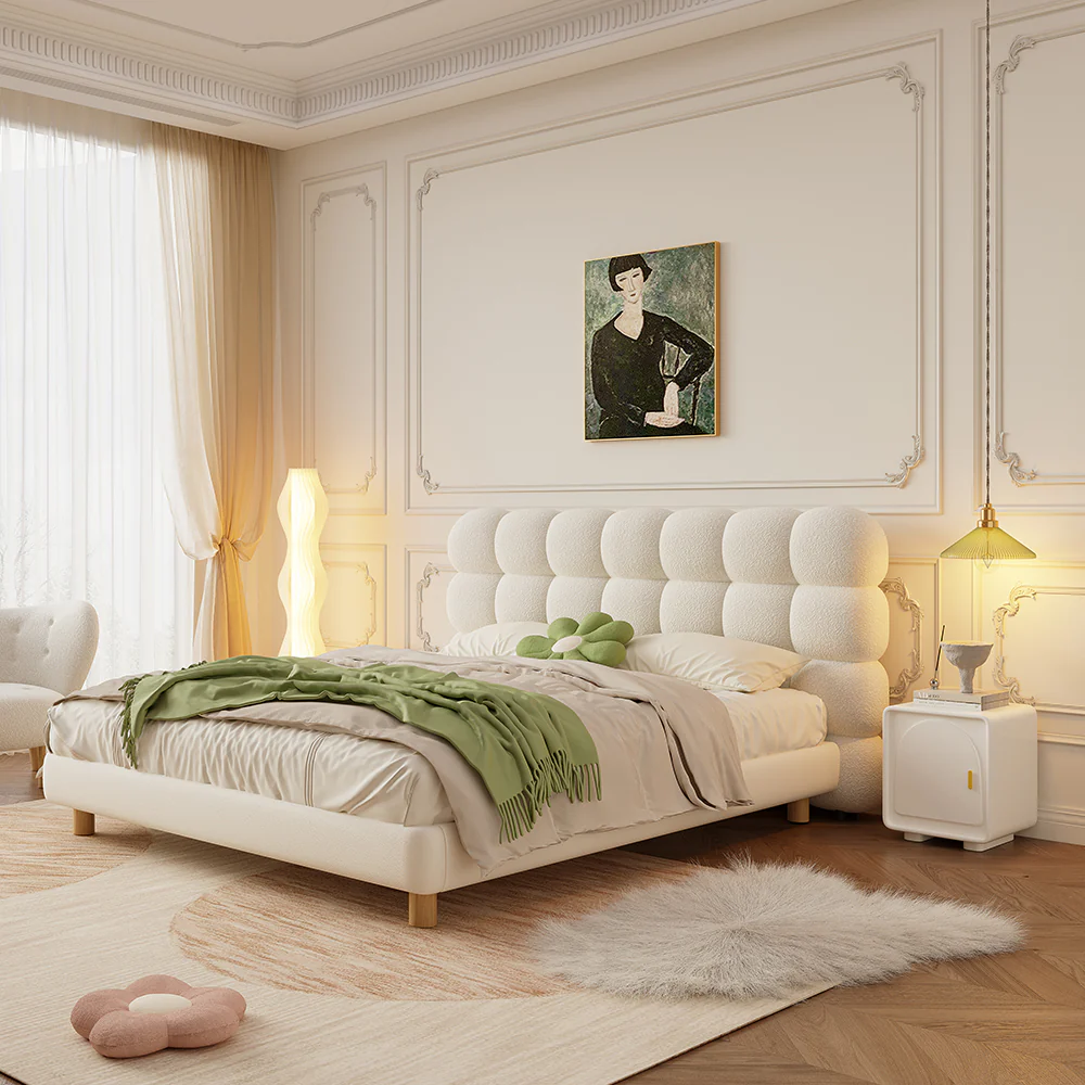 LIVARA Lazy Style 1031 Solid Wood Frame 150-180cm Double Bed With Bedside Tables - Beige - Image 3