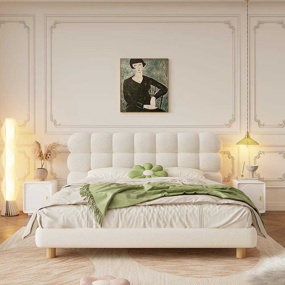 LIVARA Lazy Style 1031 Solid Wood Frame 150-180cm Double Bed With Bedside Tables - Beige - Image 4