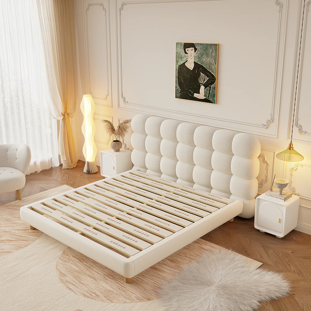 LIVARA Lazy Style 1031 Solid Wood Frame 150-180cm Double Bed With Bedside Tables - Beige - Image 5