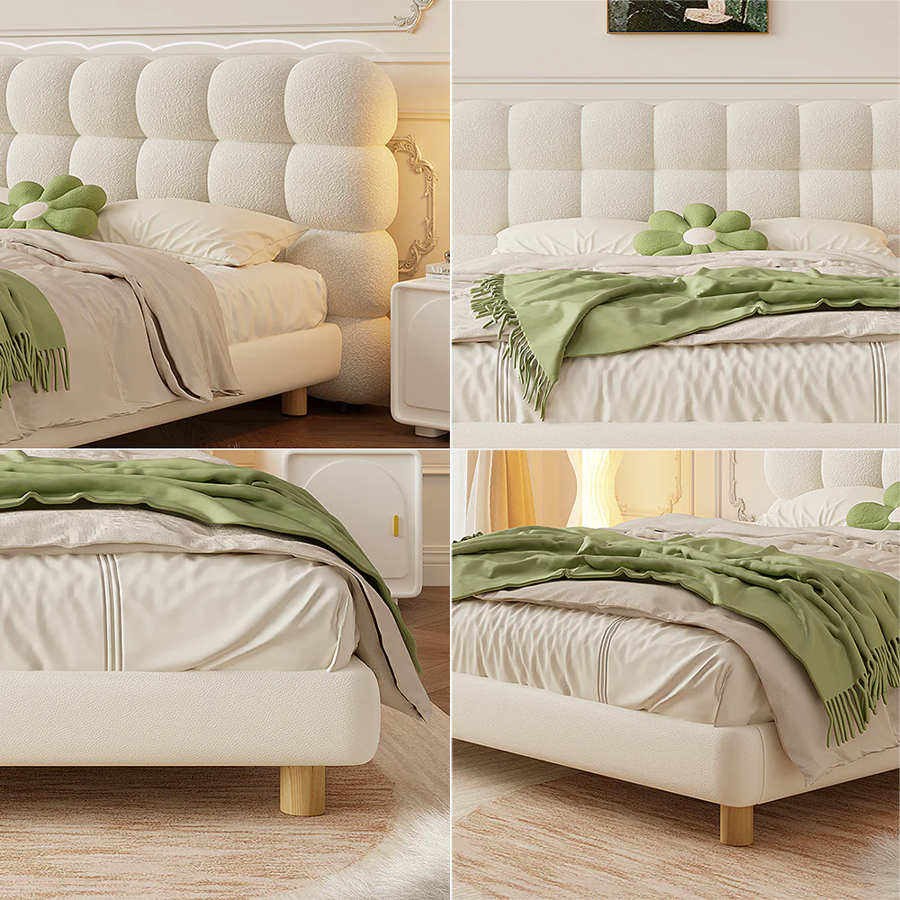 LIVARA Lazy Style 1031 Solid Wood Frame 150-180cm Double Bed With Bedside Tables - Beige - Image 6
