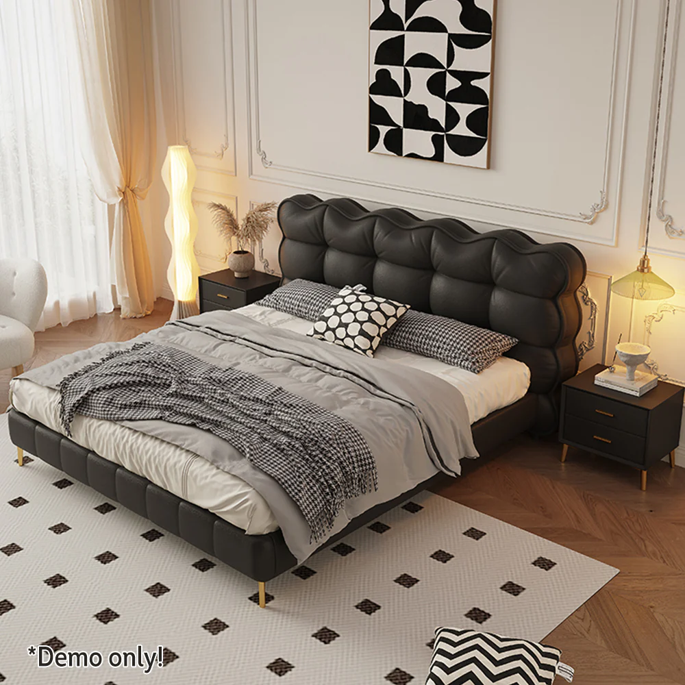 LIVARA SM1032 150/180cm Cat Claw Leather Fabric Bed With Bedside Tables Solid Wood Frame - Black - Image 3