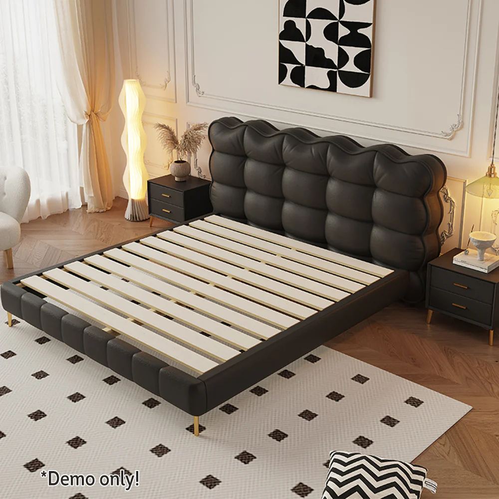 LIVARA SM1032 150/180cm Cat Claw Leather Fabric Bed With Bedside Tables Solid Wood Frame - Black - Image 4