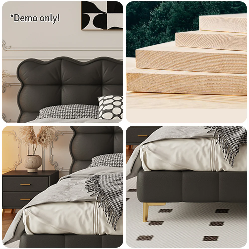 LIVARA SM1032 150/180cm Cat Claw Leather Fabric Bed With Bedside Tables Solid Wood Frame - Black - Image 5