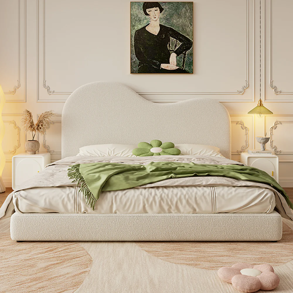 LIVARA SM1034 150/180cm Length Lambswool Fabric Bed With Two Bedside Tables - Beige - Image 2