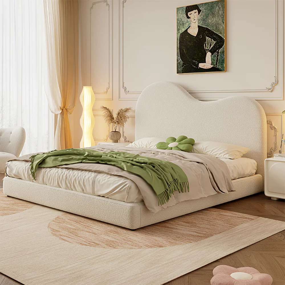 LIVARA SM1034 150/180cm Length Lambswool Fabric Bed With Two Bedside Tables - Beige - Image 3