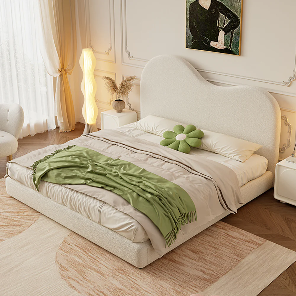 LIVARA SM1034 150/180cm Length Lambswool Fabric Bed With Two Bedside Tables - Beige - Image 4