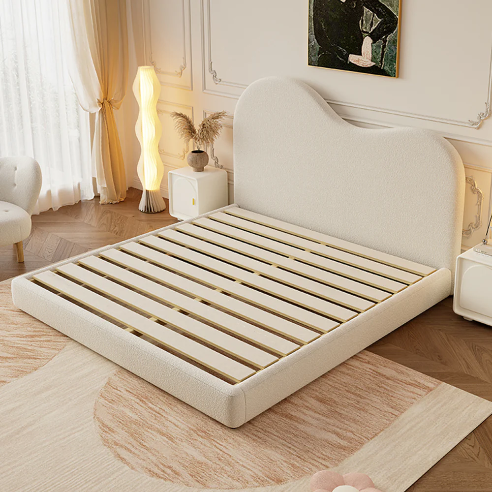 LIVARA SM1034 150/180cm Length Lambswool Fabric Bed With Two Bedside Tables - Beige - Image 5