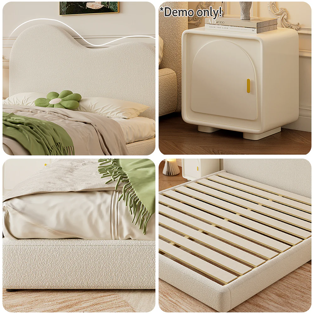 LIVARA SM1034 150/180cm Length Lambswool Fabric Bed With Two Bedside Tables - Beige - Image 6