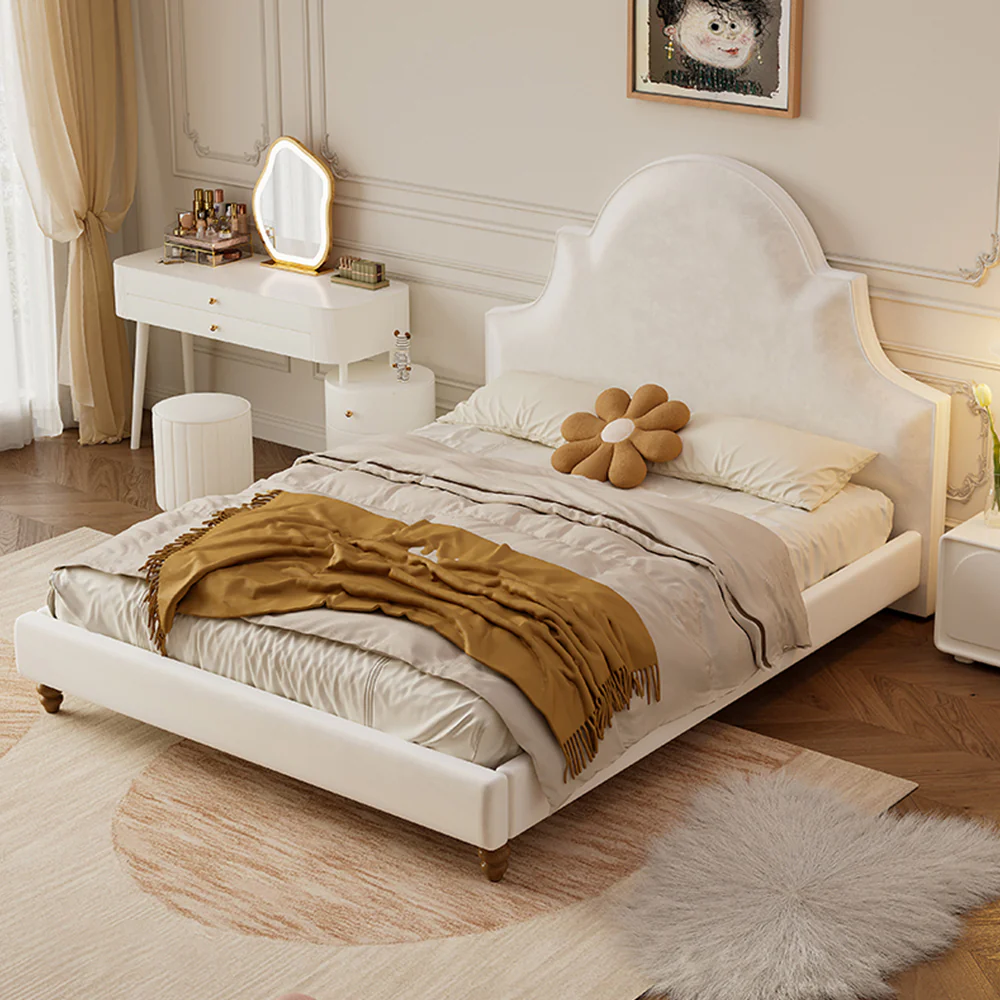 LIVARA SM1045 150/180cm Length Baby Velvet Fabric Bed With Two Bedside Tables Solid Wood Frame - Beige - Image 2