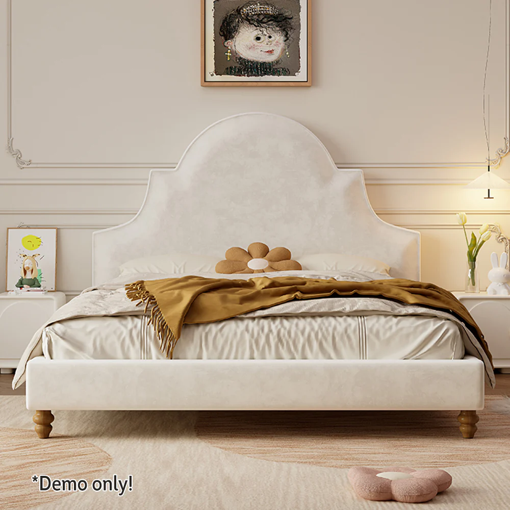 LIVARA SM1045 150/180cm Length Baby Velvet Fabric Bed With Two Bedside Tables Solid Wood Frame - Beige - Image 3