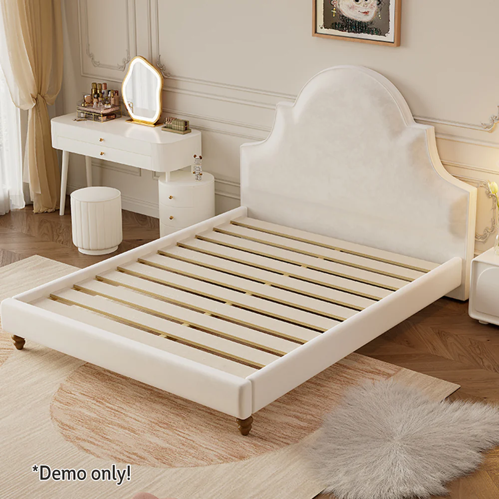 LIVARA SM1045 150/180cm Length Baby Velvet Fabric Bed With Two Bedside Tables Solid Wood Frame - Beige - Image 4